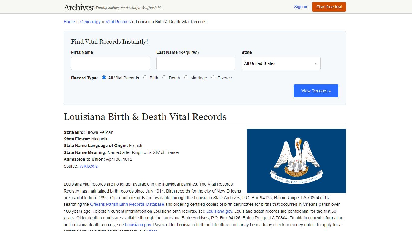 Louisiana Birth & Death Records | Vital Records - Archives.com